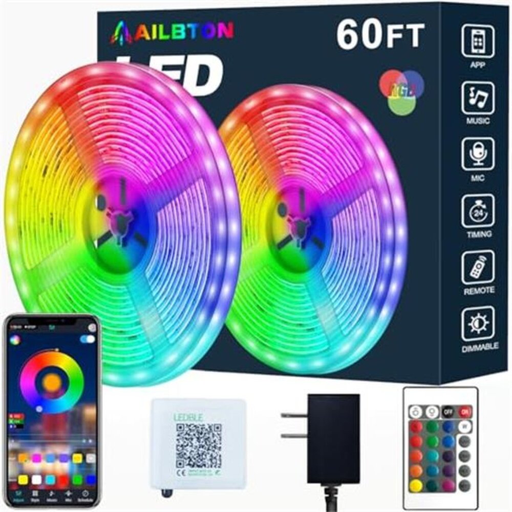60ft LED Strip Lights RGB Color Changing Music Sync Bluetooth App Remote Room